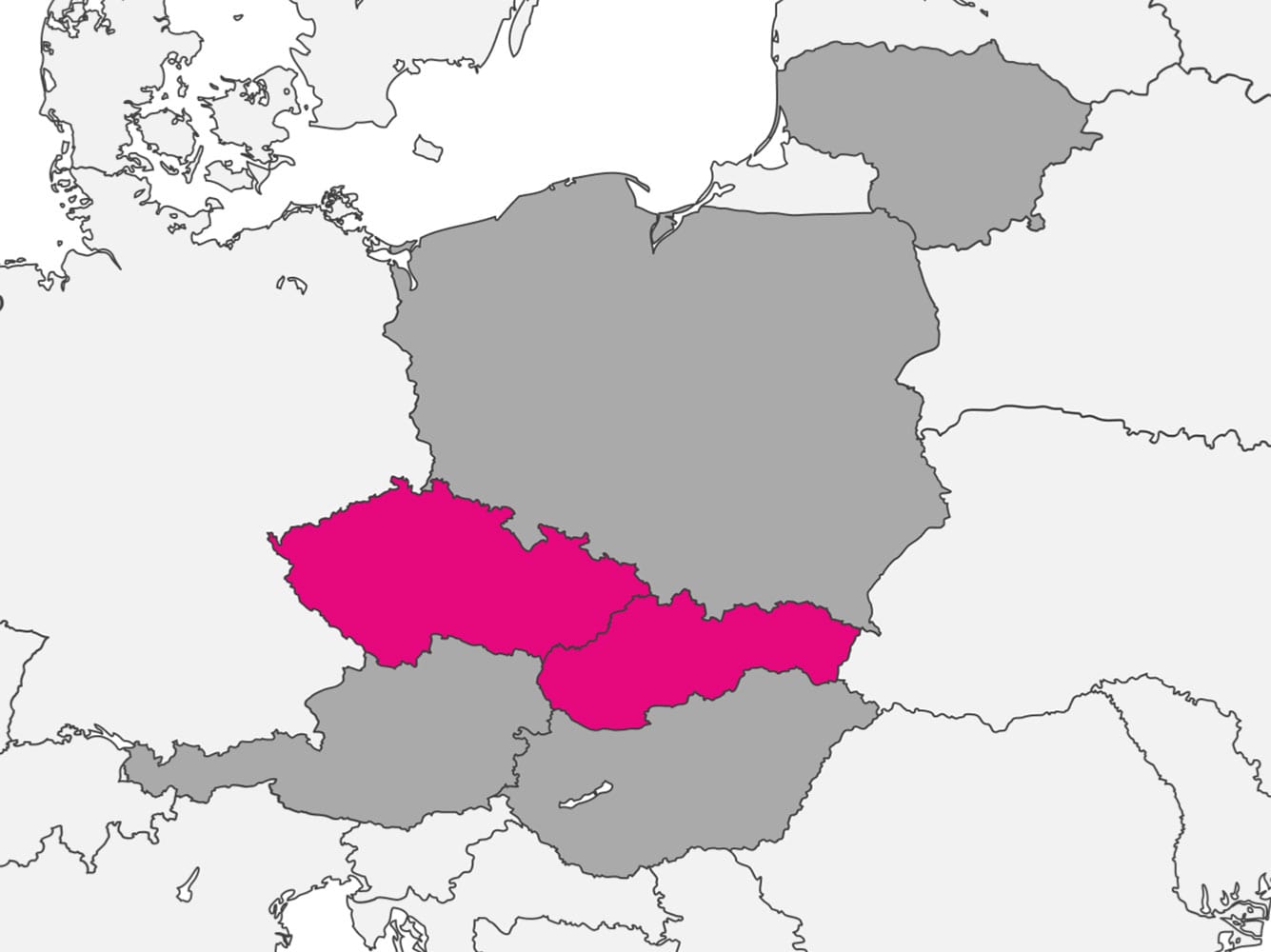 Mapa - primárně zvýrazněny ČR a Slovensko, dále také Rakousko, Maďarsko, Polsko a Litva